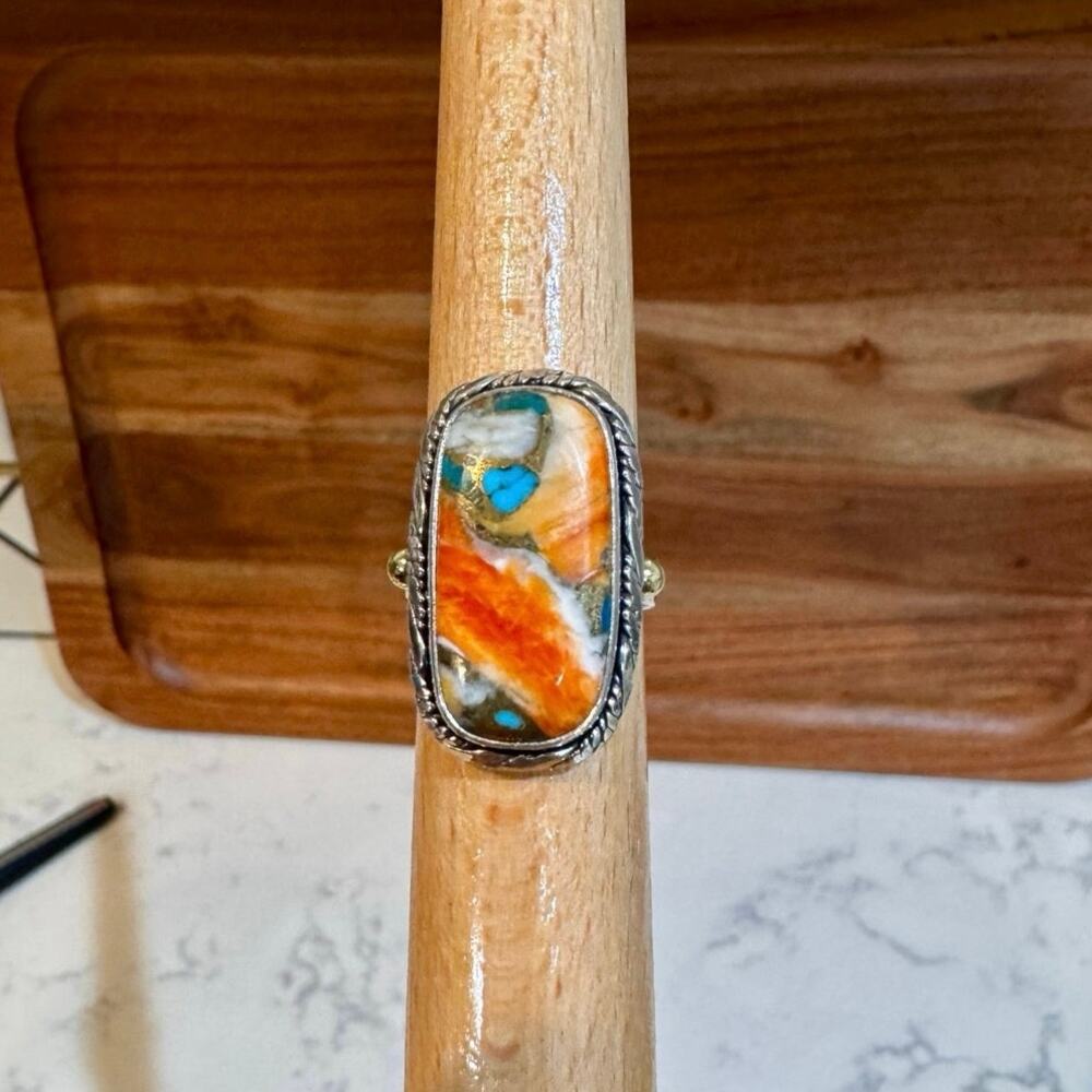 Orange Spiny Oyster Turquoise Copper Sterling Silver 925 Ring signed India YS